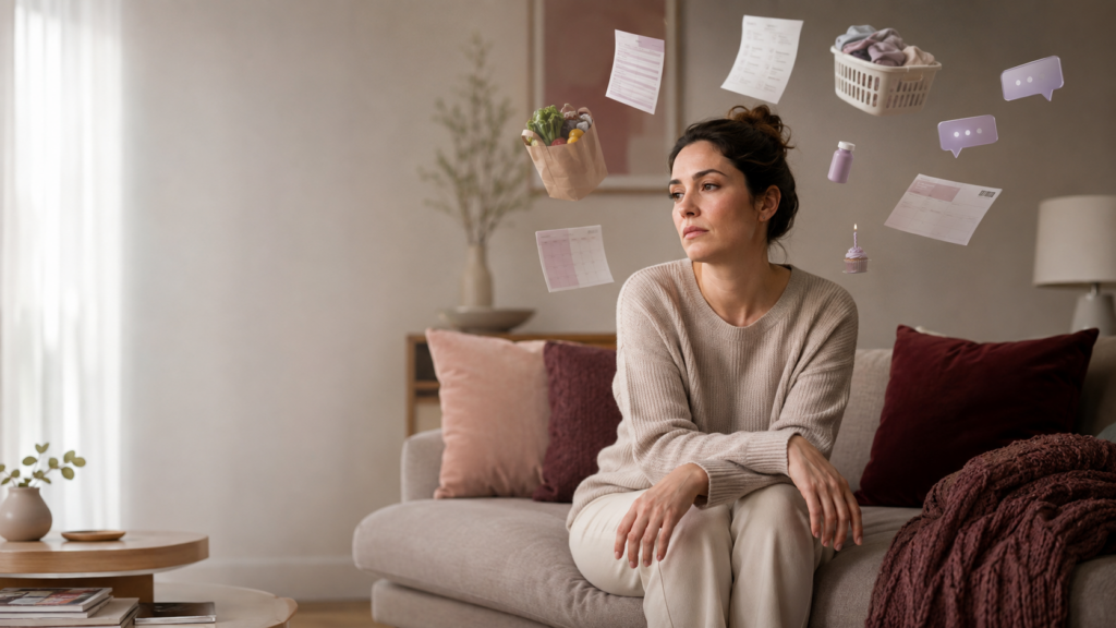 Tired woman sitting quietly on a sofa while household tasks and reminders circle above her, representing the invisible mental load.